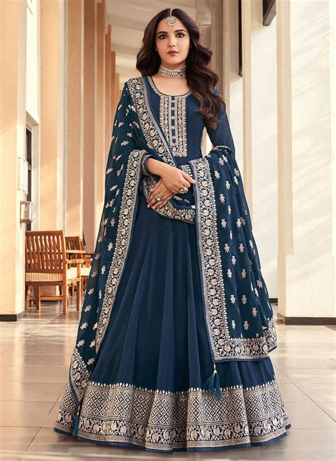 Shop Jasmin Bhasin Teal Blue Georgette Embroidery Floor Anarkali Suit