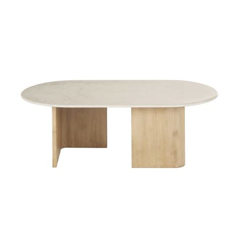 Table Basse En Marbre Blanc Effet Travertin Et Bois De Manguier Massif