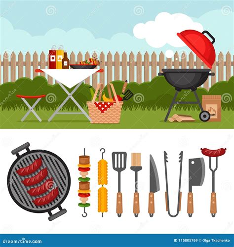 Bbq Party Background With Grill Barbecue Poster Bbq Tools Set Stock