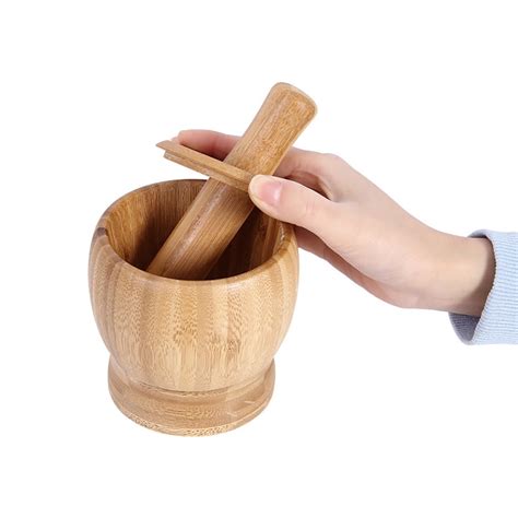 Tioodre Bamboo Mortar And Pestle Garlic Press Ginger Crusher Spices