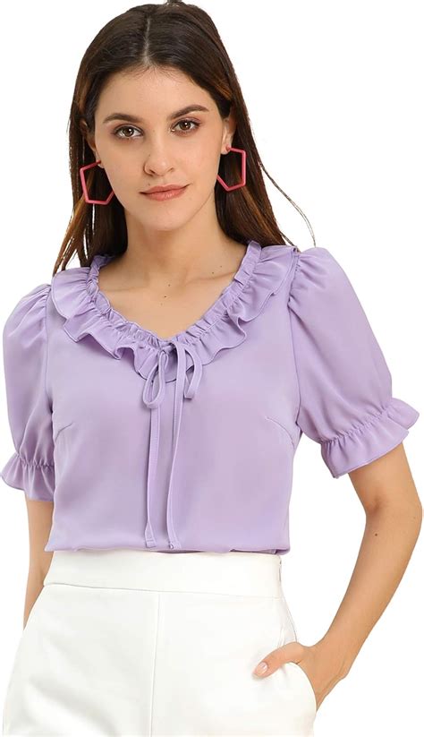 Allegra K Womens Tie V Neck Ruffle Neck Top Puff Sleeve Ruffle Cuff Casual Blouse Uk