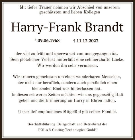 Traueranzeigen Von Harry Frank Brandt Trauer Rheinmain De