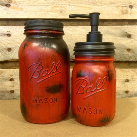 Red Mason Jar Canisters Rustic Red Canister Set With Soap Etsy