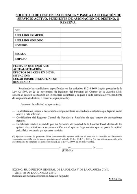 Solicitud De Cese En Excedencia Y Pase A La Situaci N De Servicio