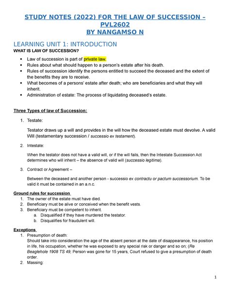 Notes FOR LAW OF Succession STUDY NOTES 2022 FOR THE LAW OF