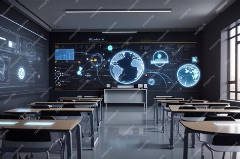 Premium Ai Image Futuristic School Classroom With Augmented Reality Projected In A Electronic