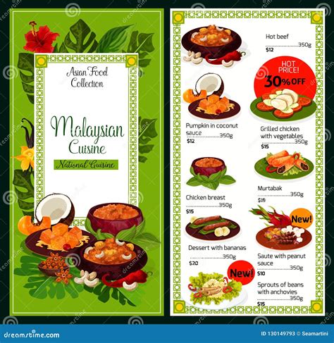 Malaysian Cuisine Traditional Dishes Food Menu Stock Vector