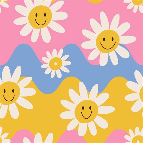 1970 Daisy Flowers And Wavy Seamless Pattern In Yellow Blue And Pink