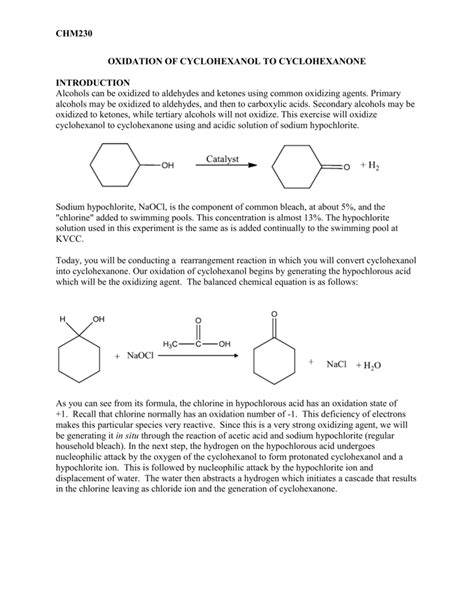 Chm230 Oxidation Of Cyclohexanol To