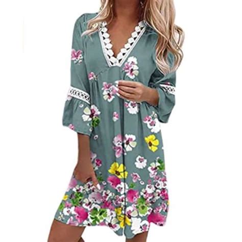 Robe Femme Été Col V Robe Casual Manches 3 4 Robe Mi Longue Tunique A