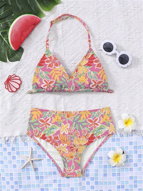 Shein Conjunto De Bikini Con Camiseta De Tirantes Estampado Tropical Para Ni As Preadolescentes