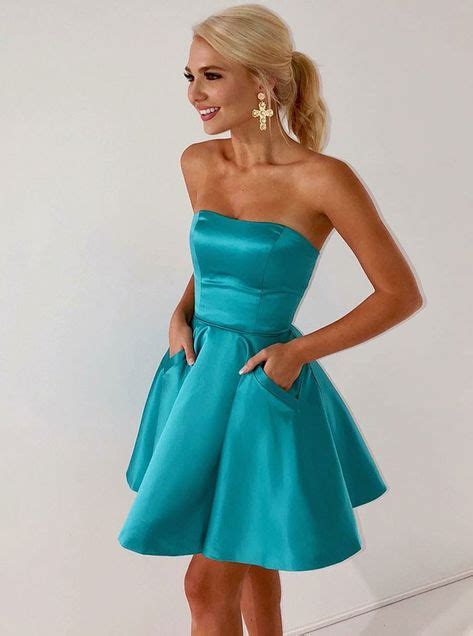 A Line Strapless Ice Blue Satin Homecoming Dress With Pockets With