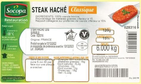 Steak haché VBF 15 MG 120g 6kg Socopa Restauration