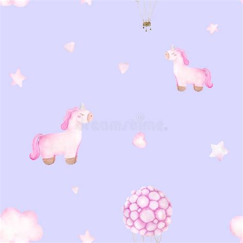 Watercolor Baby Seamless Pattern With Toy Pink Unicorn Hot Air Balloon