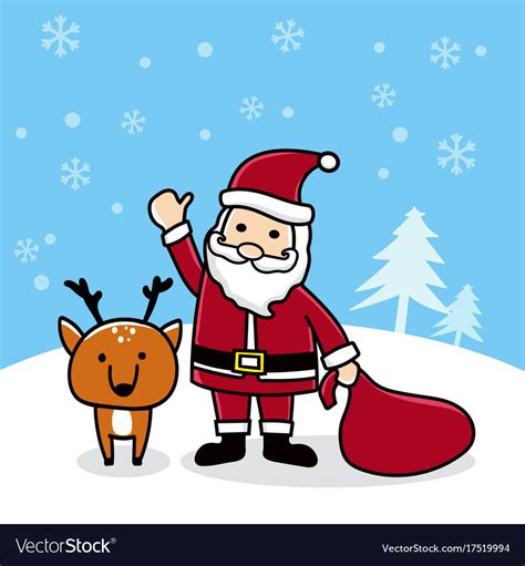 Cute Cartoon Santa With Reindeer Merry Christmas Vector Image