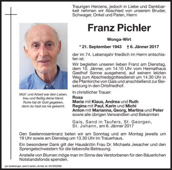 Traueranzeigen Von Franz Pichler Trauer Bz