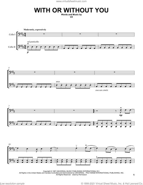 With Or Without You Sheet Music For Two Cellos Duet Duets