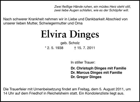 Traueranzeigen Von Elvira Dinges Vrm Trauer De