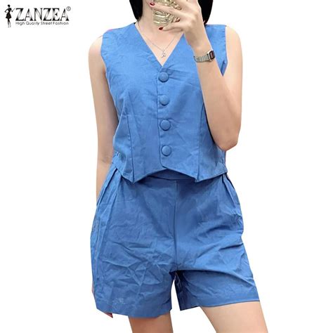 Zanzea Women Korean Casual V Neck Sleeveless Buttons Elasticated Waist