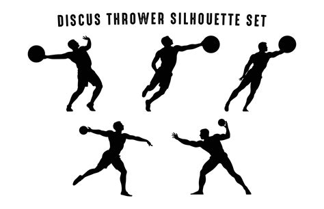 Discus Thrower Silhouette Black And White Vector Set Male Discus Throw Silhouettes Clipart