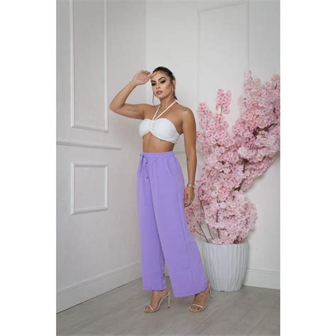 Calça Pantalona Feminina Bolso Cintura Alta Tecido Duna Shopee Brasil