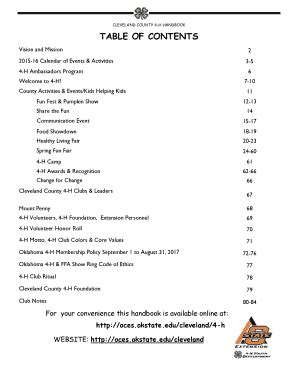 Fillable Online Oces Okstate CLEVELAND COUNTY 4 H HANDBOOK TABLE OF