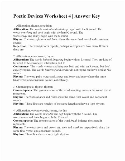 Identifying Poetic Devices Worksheet 1 Answers