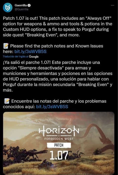 Ya Disponible El Parche 1 07 De Horizon Forbidden West Novedades Para