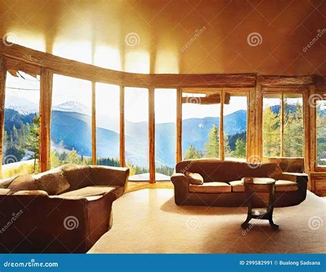 Watercolor of Luxury Mountain Cabin Stock Illustration - Illustration of majestic, interior ...