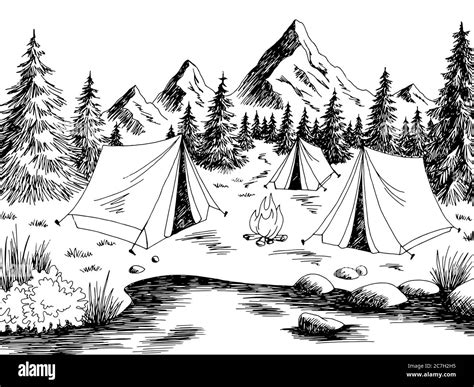 Camping graphic black white mountain landscape sketch illustration ...