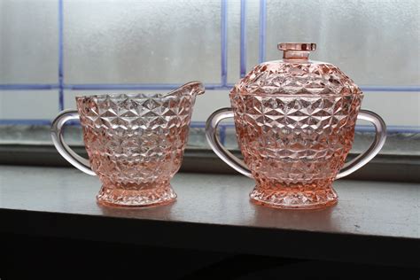 Pink Depression Glass Sugar Bowl And Creamer Buttons And Bows S