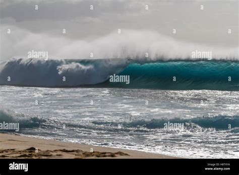 Back Lit Ocean Waves Breaking On The North Shore Of Oahu At Banzai