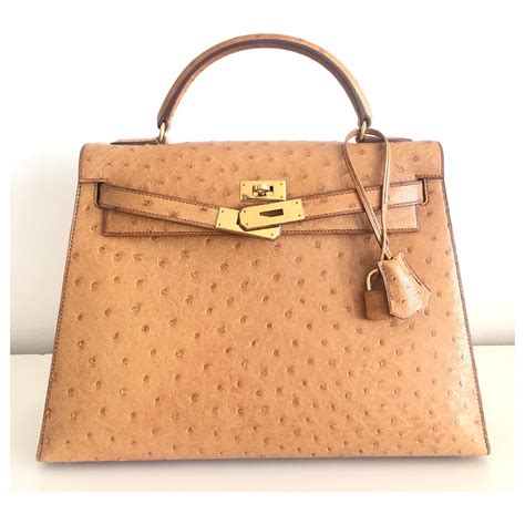 Hermès Hermes Kelly 32 Autruche Gold Cuirs exotiques Marron clair ref