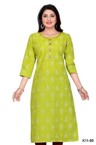 PREM Women Printed Cotton Flex Straight Kurti L Parrot Green At Rs