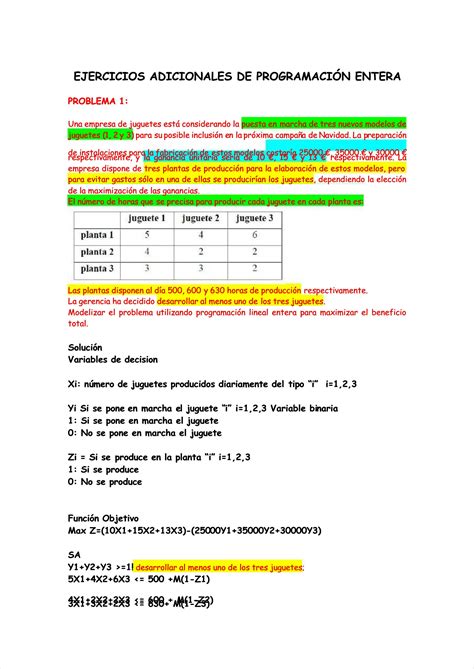 SOLUTION Pdf Ejercicios Adicionales De Programacion Entera Solucion