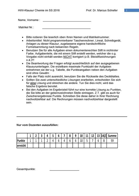 Klausur 17 Juli Sommersemester 2016 HWI Klausur Chemie Im SS 2016