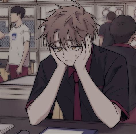 An Anime Character Sitting At A Desk With His Hands On His Face And Other People In The Background