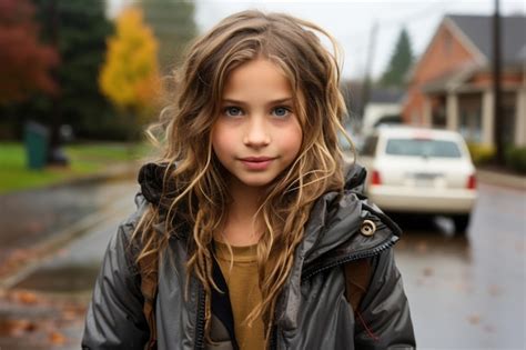 Una niña parada en la calle bajo la lluvia Foto Premium