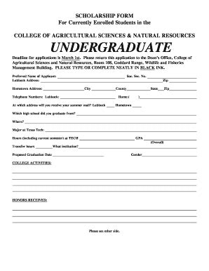 Fillable Online Depts Ttu Scholarship Form Texas Tech University