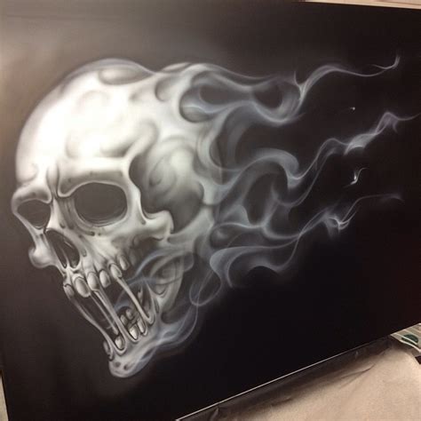 Skull with flames, Step 2 shading and detail with thinned black. #airbrush #airbrushed # ...