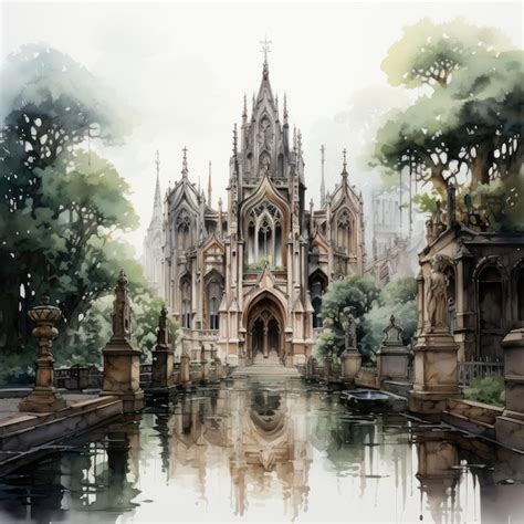 Premium Ai Image Hand Painted Watercolor Clipart Gothic Cemetery With