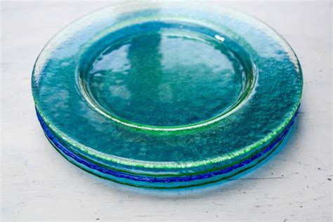 Blue And Green Glass Plates Vintage 4 Plates Large Vintage Textured Glass Serving Plate