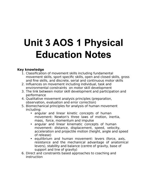 Unit 3 AOS1 SAC Final Notes Unit 3 AOS 1 Physical Education Notes Key