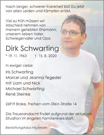 Traueranzeigen Von Dirk Schwarting Nordwest Trauer De