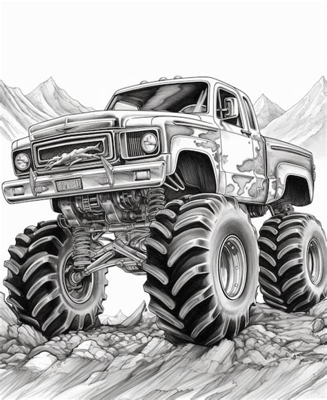 Premium Photo A Drawing Of A Monster Truck With Large Tires On A Hill