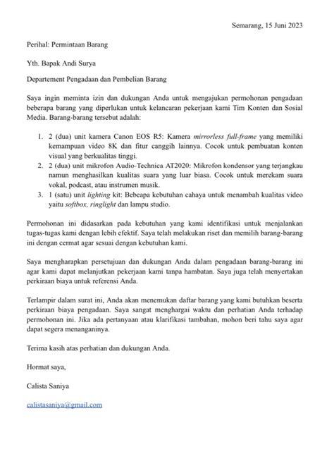 Contoh Surat Permintaan Barang Dengan Struktur Yang Benar