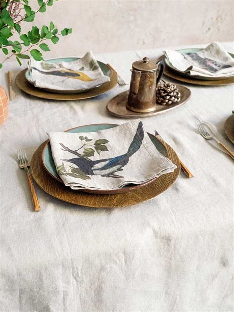 Woodland Birds Linen Napkins Set Of 6 LINOROOM 100 LINEN TEXTILES