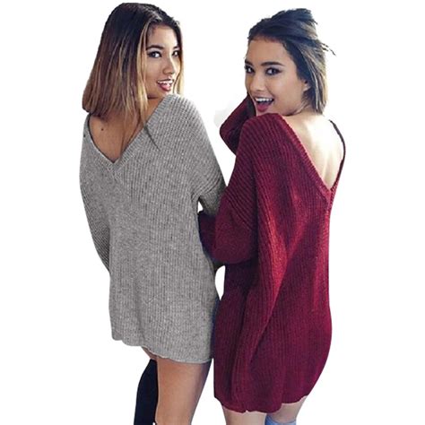 New Fashion Women Sweater Dress Sexy Deep V Neck Knitted Sweater Dress