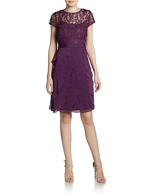 Adrianna Papell Lace Shortsleeve Flutter Dress In Purple Eggplant Lyst