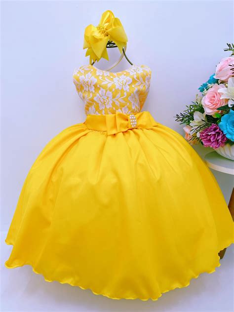 Vestido Infantil Amarelo Busto Rendado P Rolas Casamento Rosa